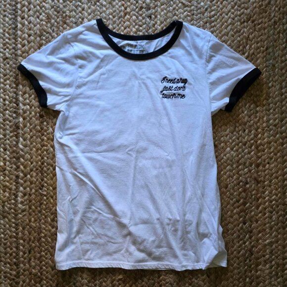 White and black "I need a hug, just don't touch me" ringer tee - Picture 2 of 4